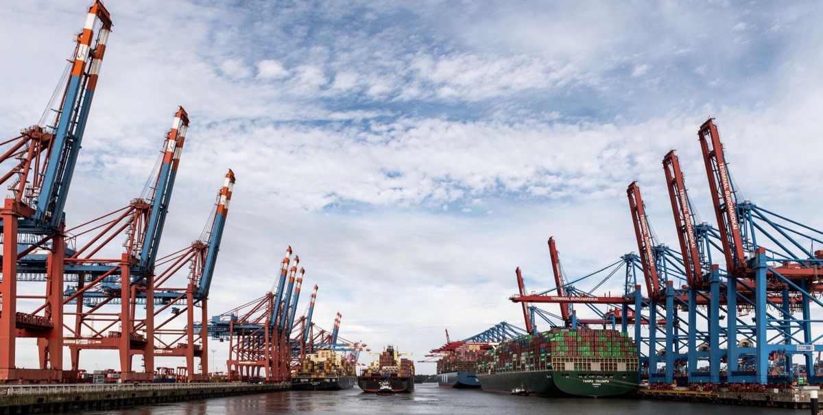 Container cranes and cargo ships at a busy port terminal
